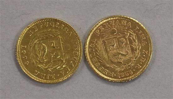 Two Peruvian 1/5 Libra gold coins, 3.2g gross